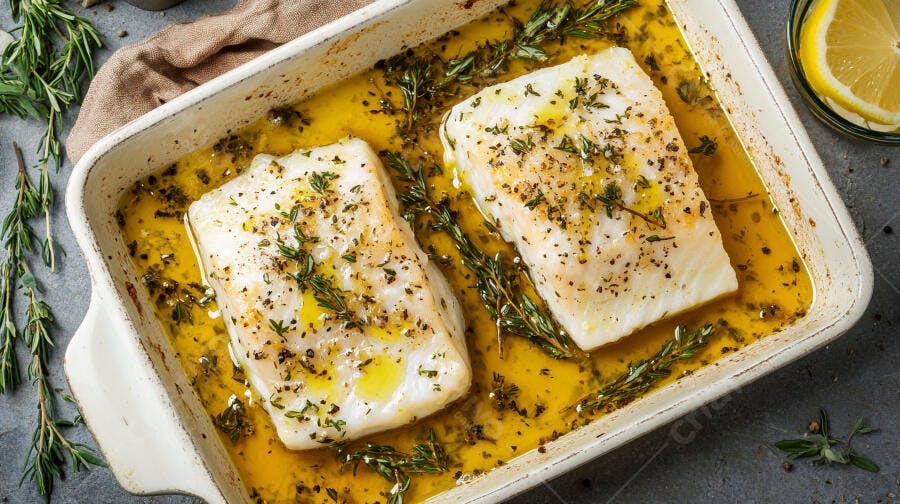 Filés de peixe branco assando em azeite com ervas frescas e limão na travessa
