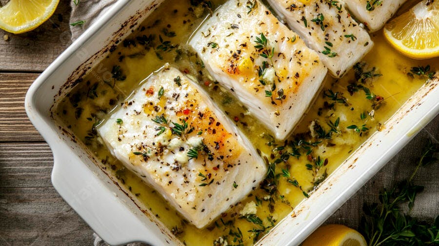 Bacalhau assado com azeite ervas frescas e limão em travessa branca