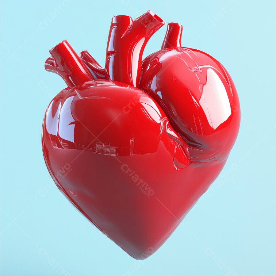 Coração humano vermelho brilhante renderização 3D em fundo azul claro