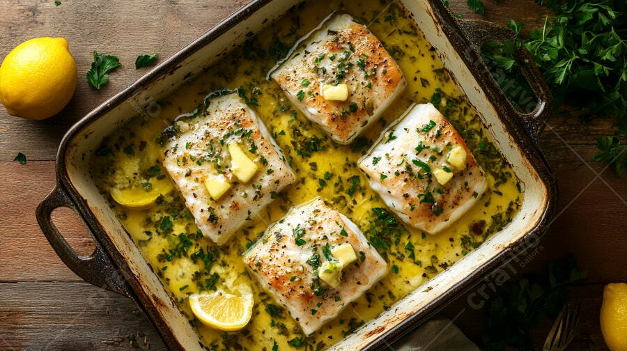 Peixe assado com limão e ervas em travessa rústica na mesa de madeira