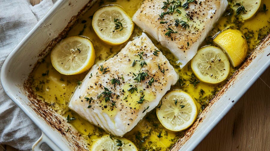 Filés de peixe branco assados com limão fresco e tomilho em azeite