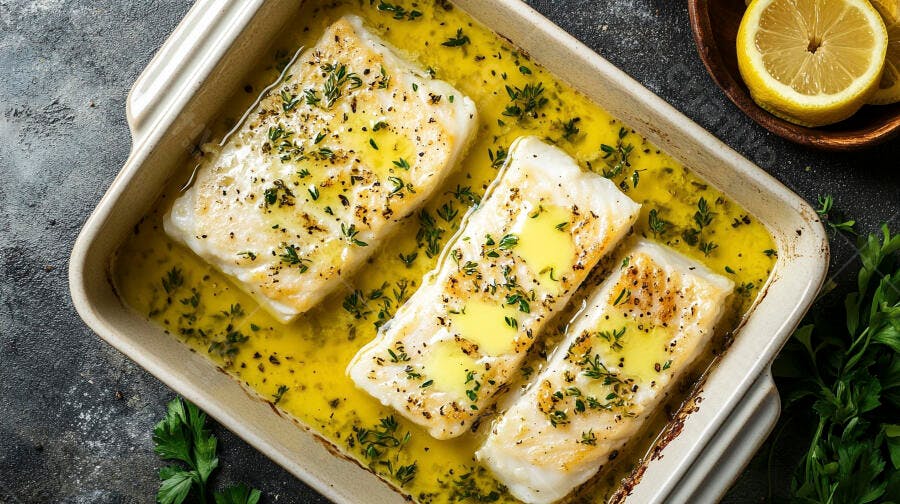 Filé de peixe branco assado com ervas e manteiga em travessa