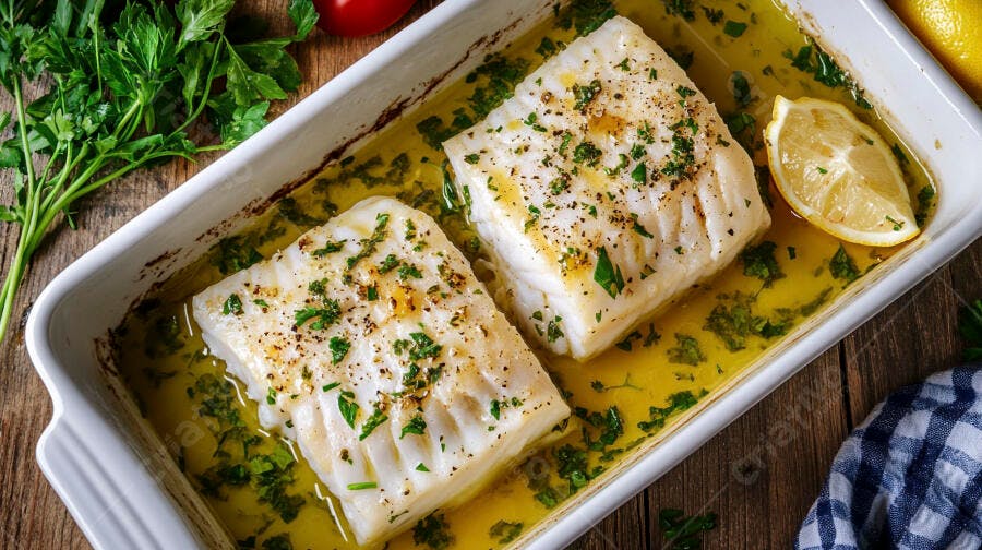 Filés de peixe branco assados com limão e salsa em travessa branca