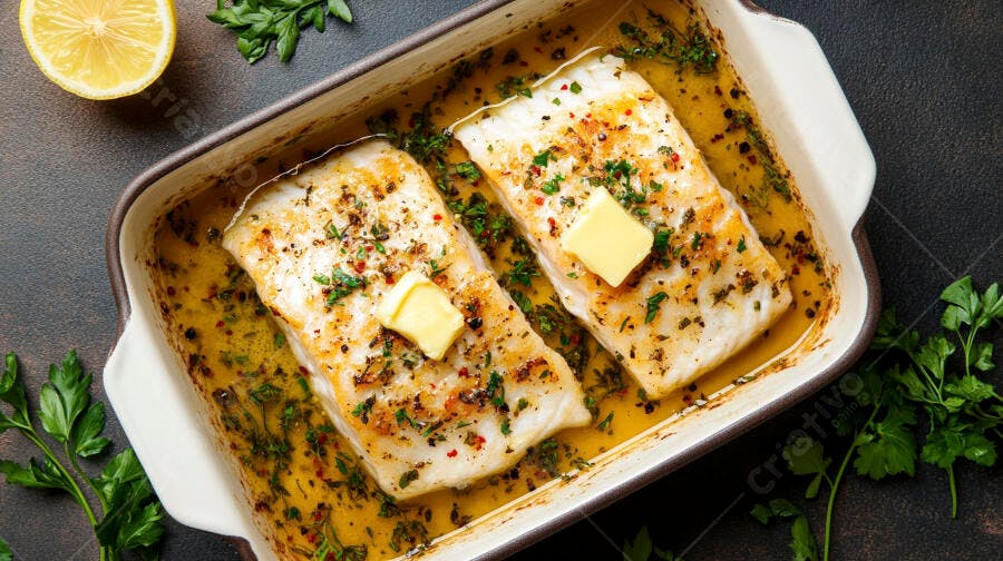 Peixe branco assado com manteiga ervas e limão em assadeira