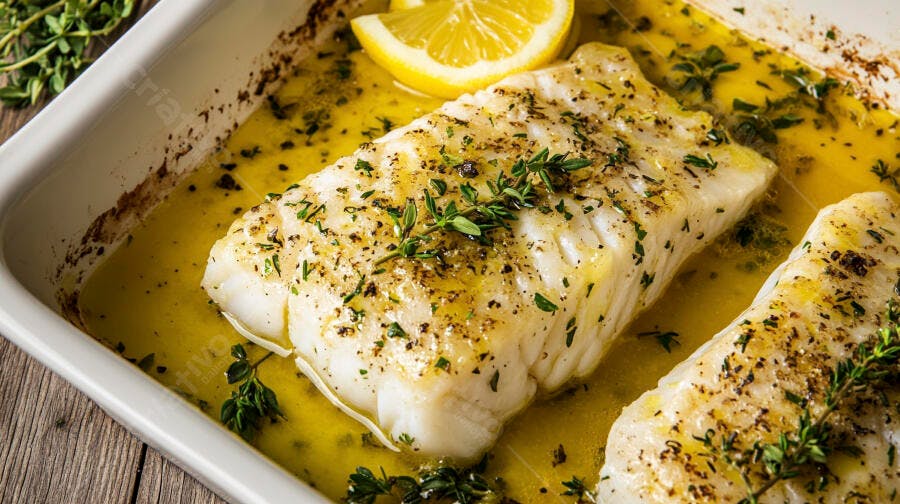 Peixe branco assado com limão e ervas frescas em assadeira