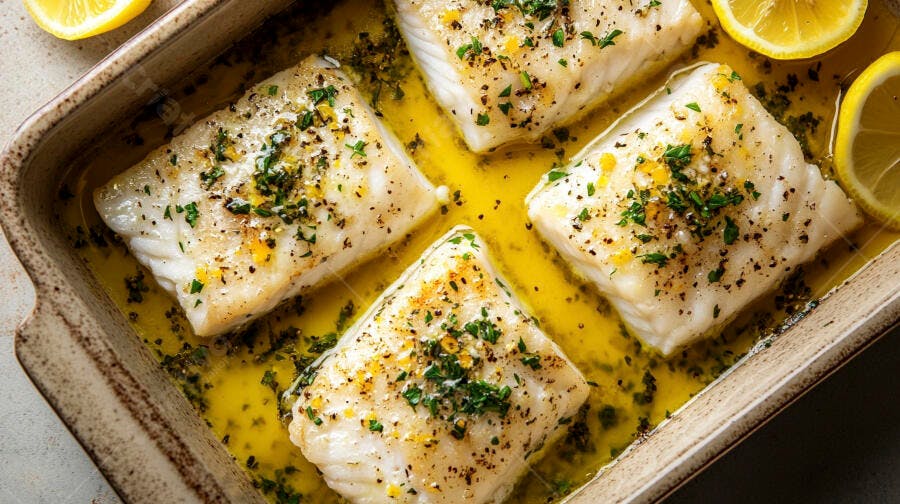 Filés de peixe branco assados com limão e ervas em molho de manteiga
