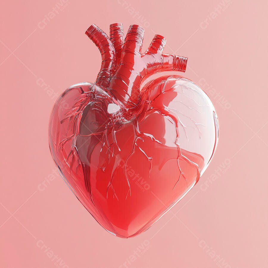 Coração humano vermelho brilhante transparente 3D sobre fundo rosa claro