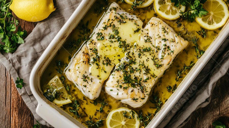 Peixe branco assado com limão ervas e azeite em travessa rústica