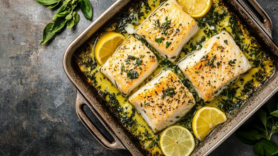 Peixe assado com ervas frescas e limão em assadeira rústica culinária saudável