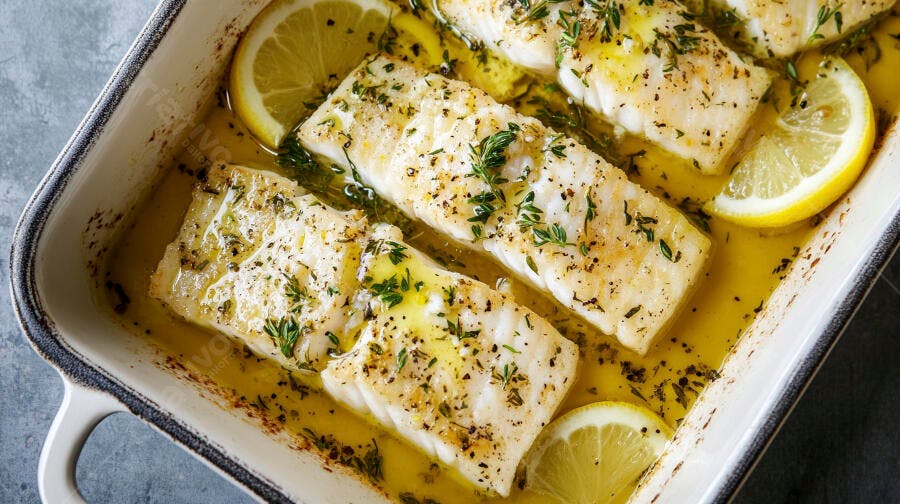 Filés de peixe branco assados com limão e ervas em azeite na travessa