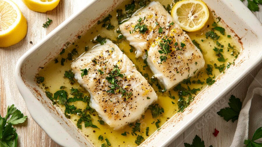 Peixe branco assado com limão e ervas frescas em travessa de cerâmica