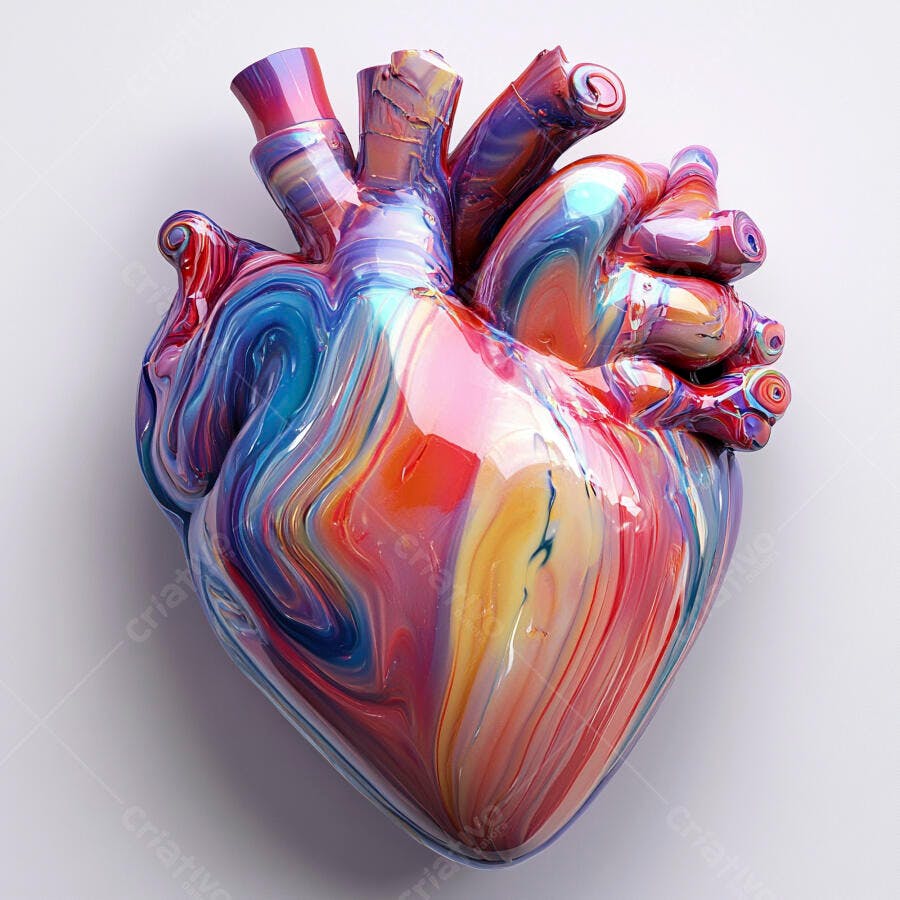 Coração anatômico vibrante com pintura abstrata colorida em 3D