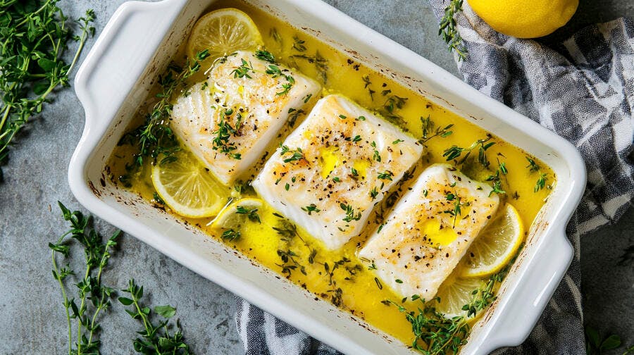 Peixe branco assado com limão e tomilho em travessa