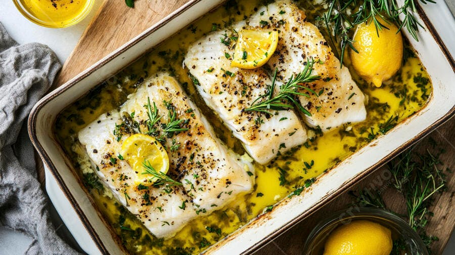 Peixe assado com limão e alecrim em travessa branca saudável