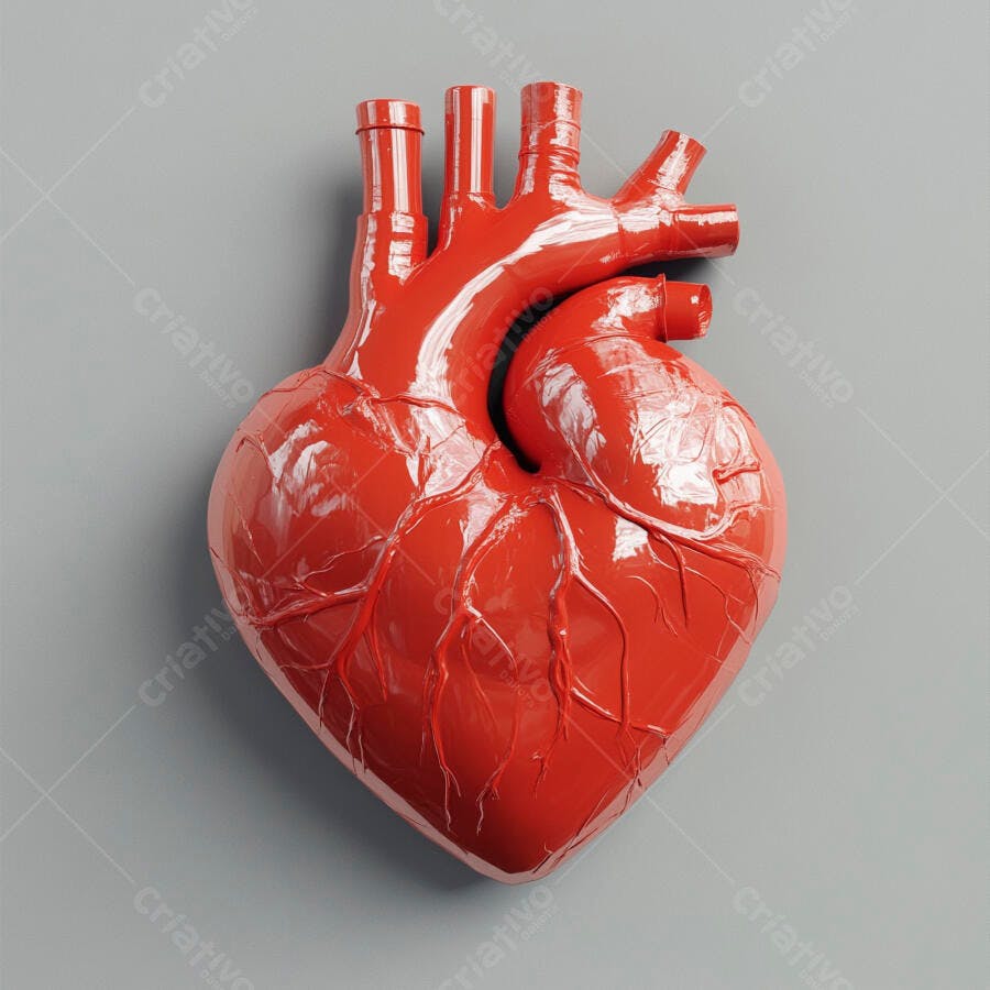 Coração anatômico modelo 3D vermelho brilhante sobre fundo cinza