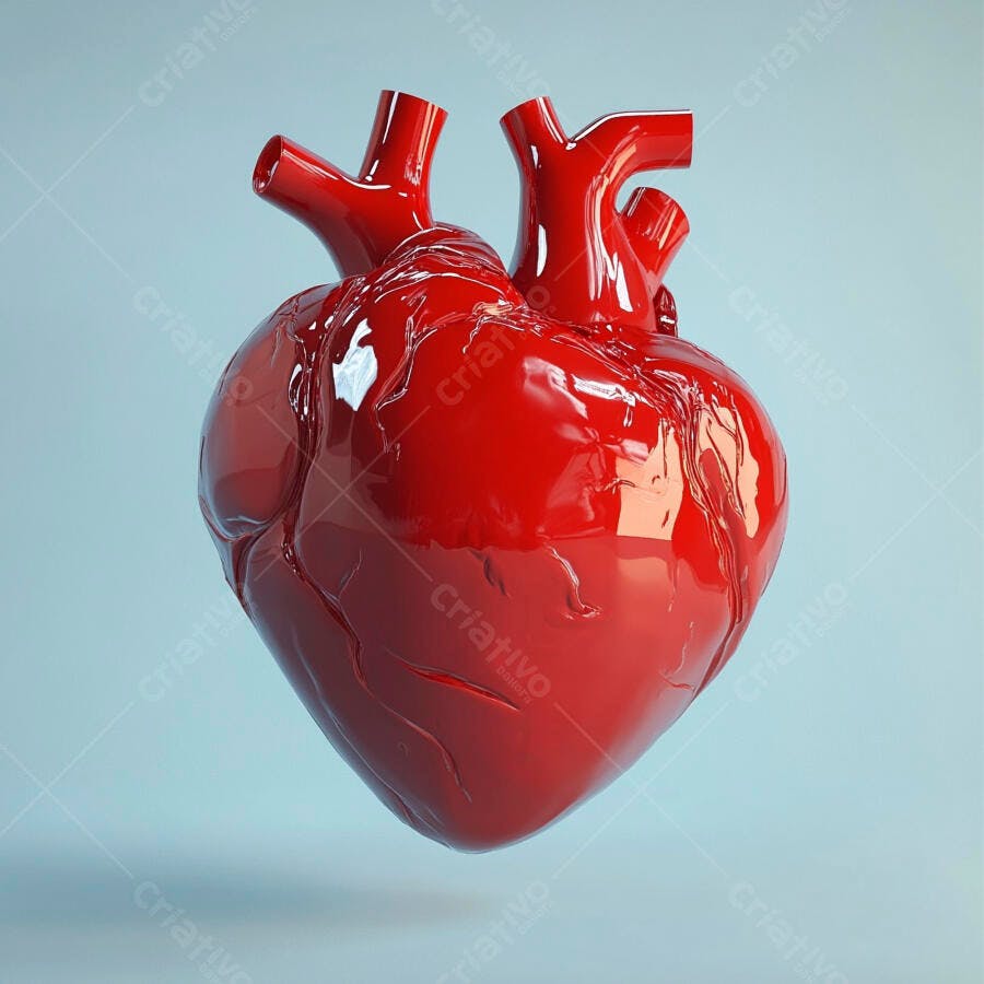 Coração humano vermelho brilhante modelo 3D em fundo azul claro