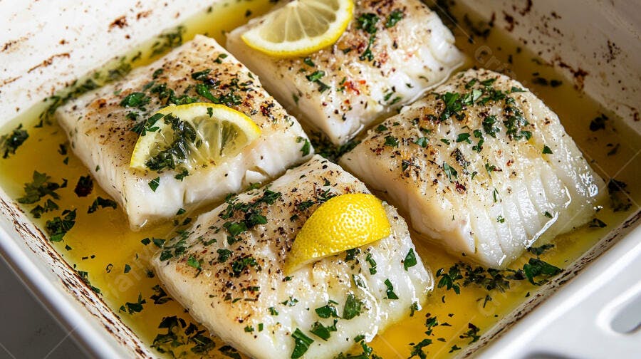 Filés de peixe branco assados com limão e ervas frescas