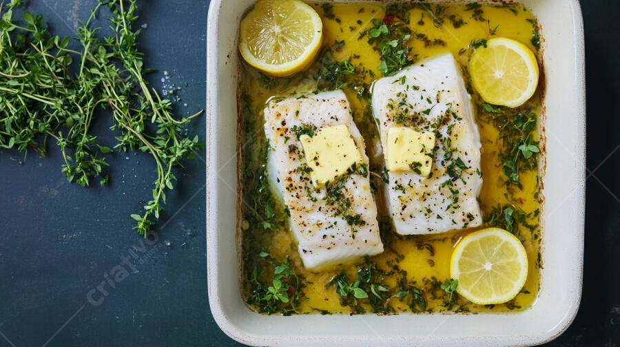 Filés de peixe branco assados com limão ervas e manteiga em travessa