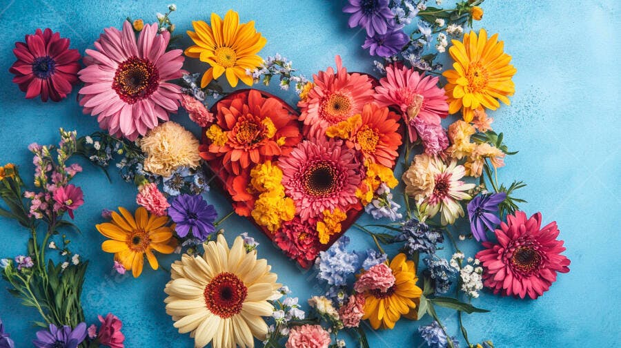 Flores coloridas formando coração vibrante sobre fundo azul texturizado