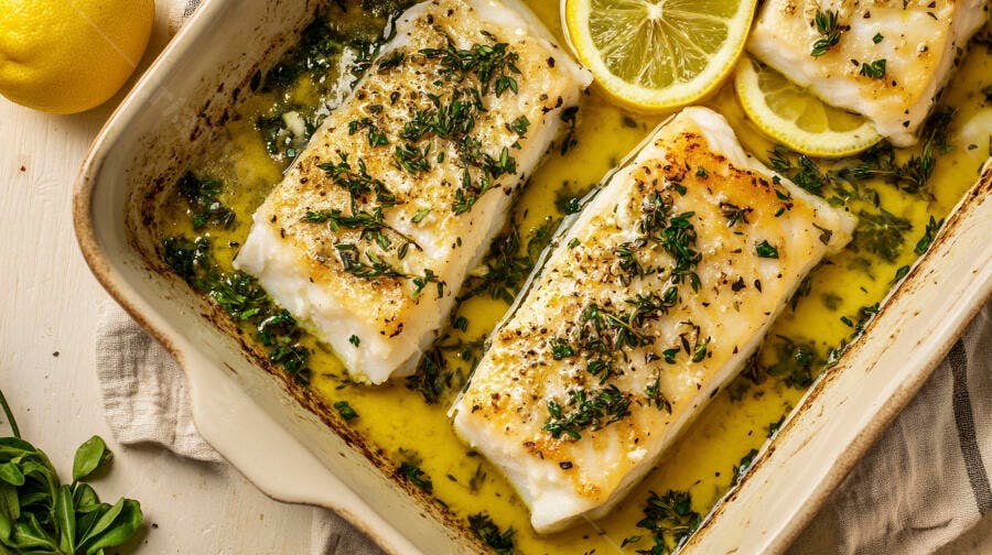 Peixe branco assado com limão e ervas frescas em assadeira