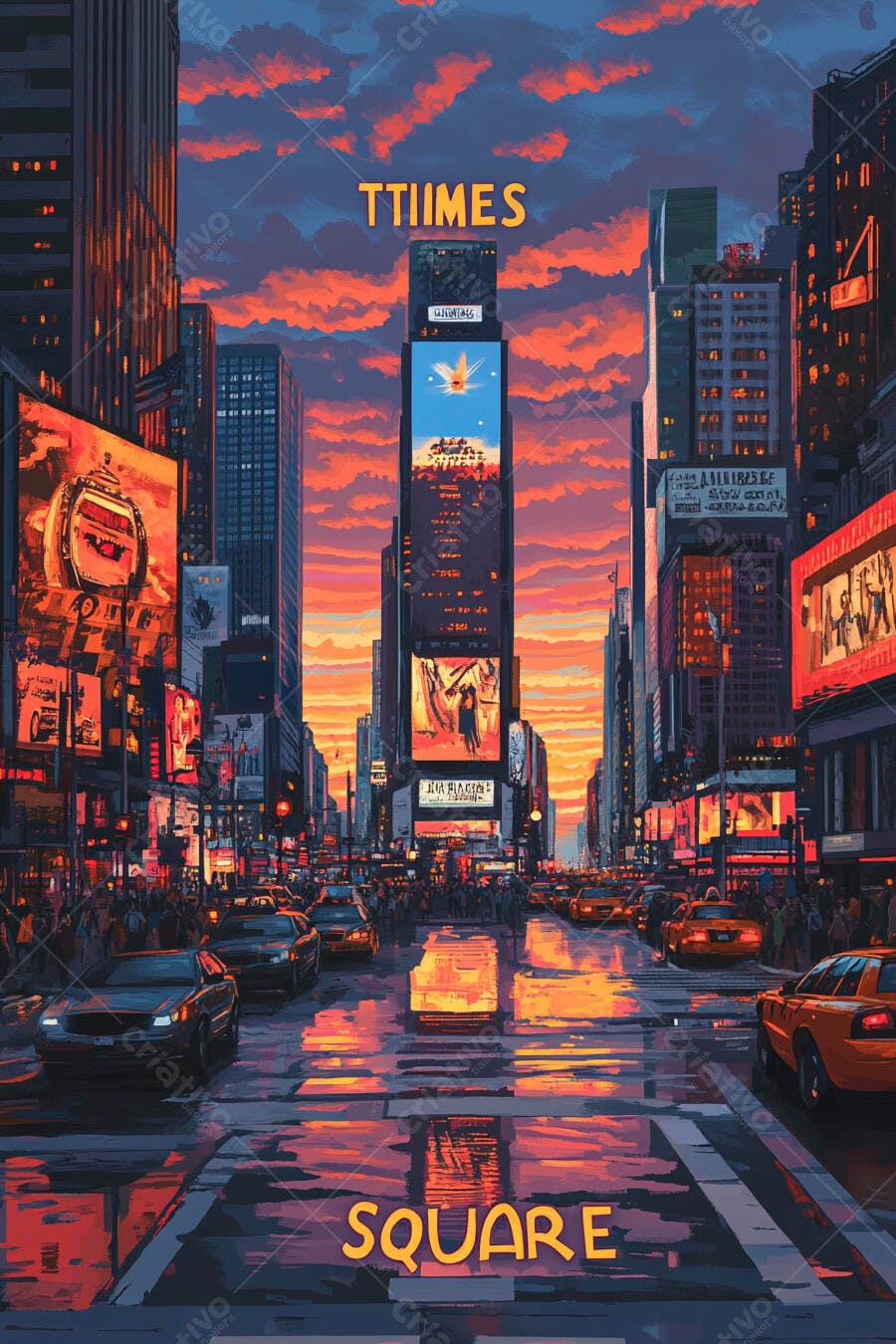 Times Square vibrante ao pôr do sol com letreiros digitais em Manhattan