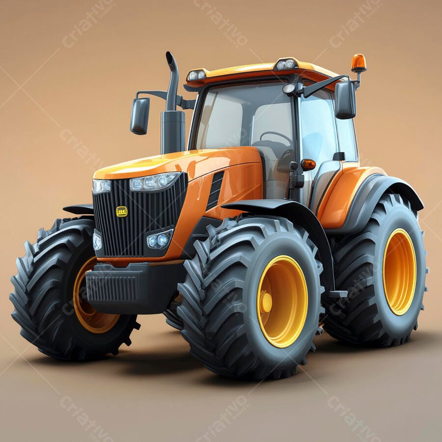 Trator agrícola moderno laranja e cinza com rodas grandes em fundo neutro