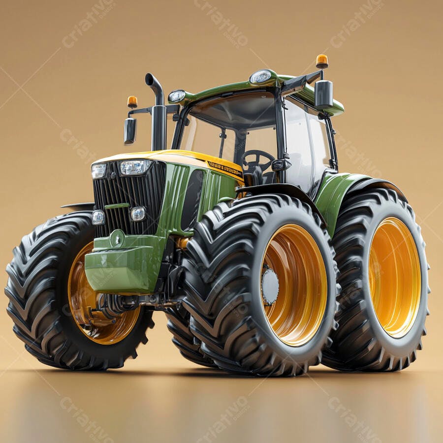 Trator agrícola moderno verde e amarelo em estúdio fundo neutro