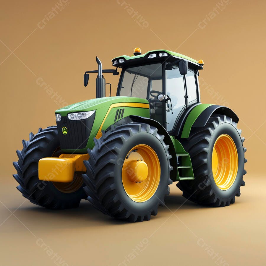 Trator agrícola verde e amarelo moderno em fundo neutro