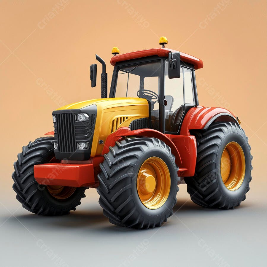 Trator agrícola moderno vermelho e amarelo em estúdio