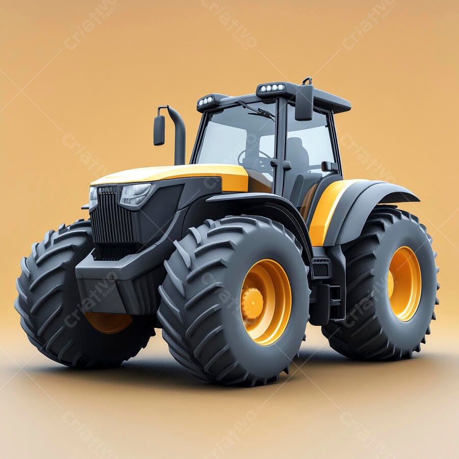 Trator agrícola amarelo e preto moderno em fundo liso