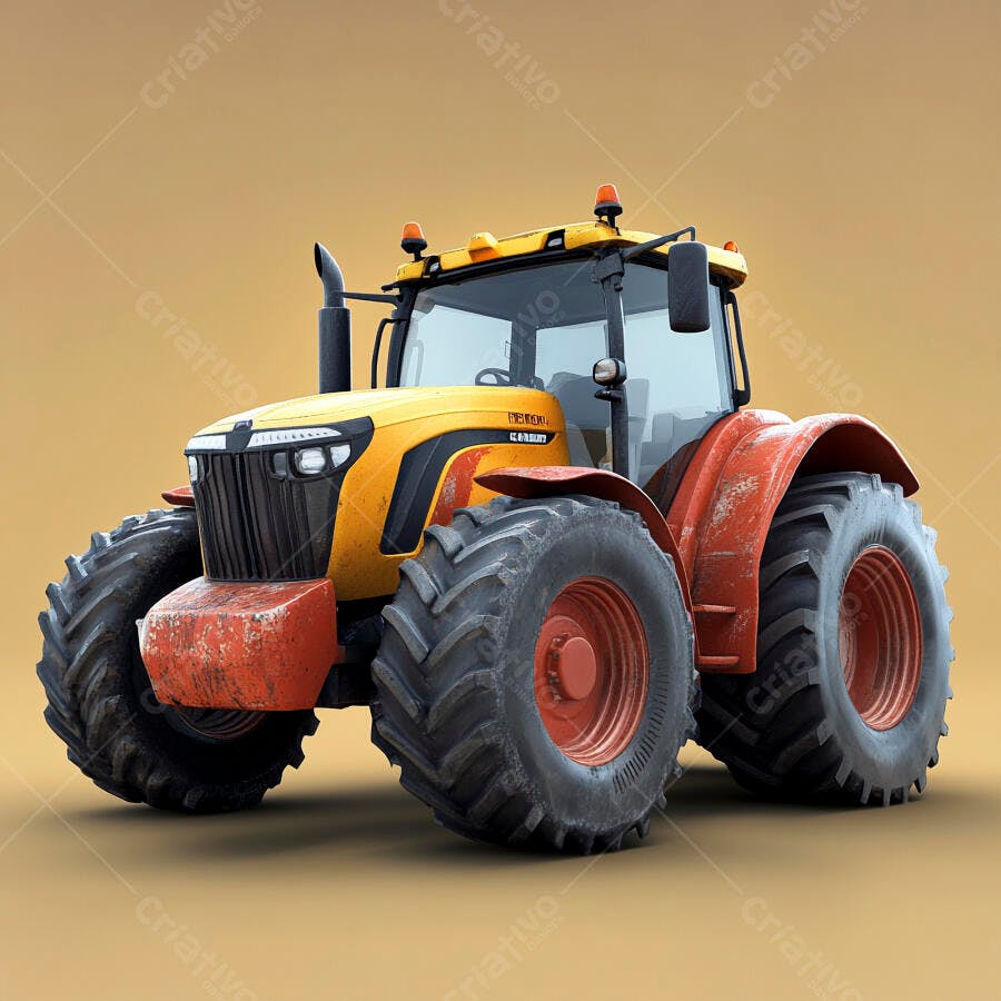 Trator agrícola moderno amarelo e vermelho com pneus grandes isolado