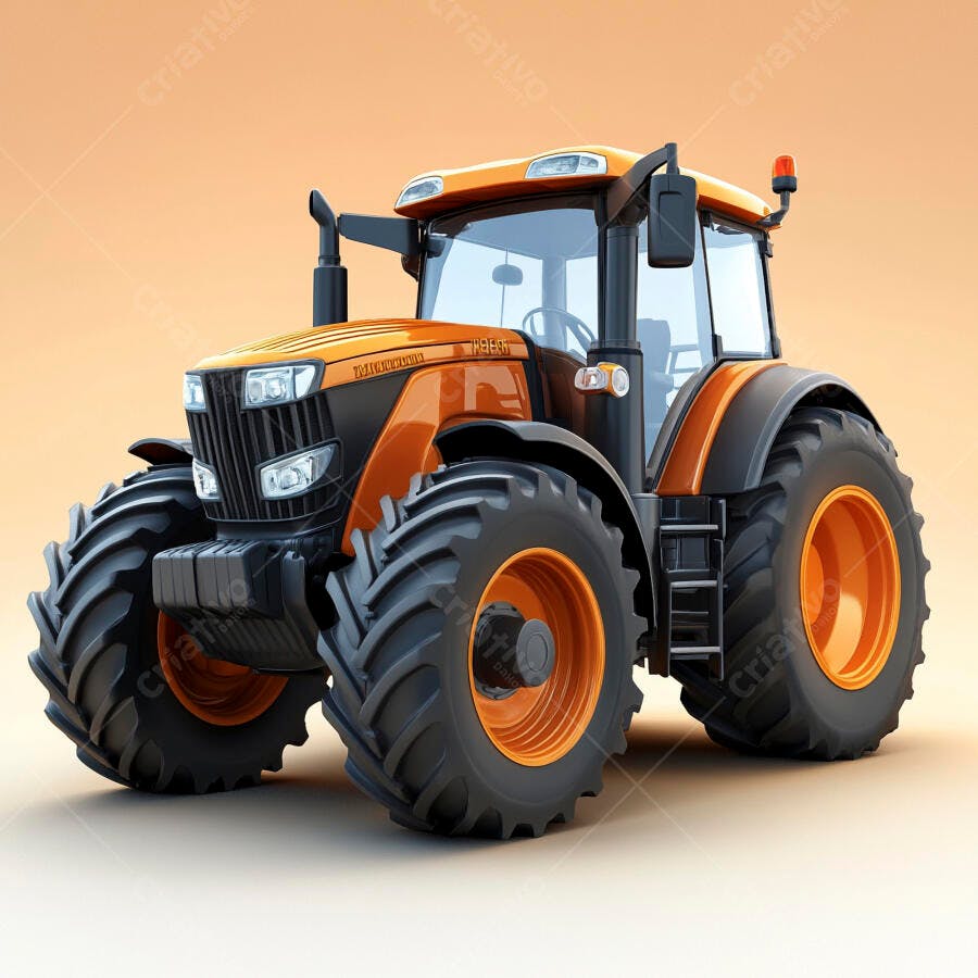 Trator agrícola moderno laranja e cinza em fundo neutro