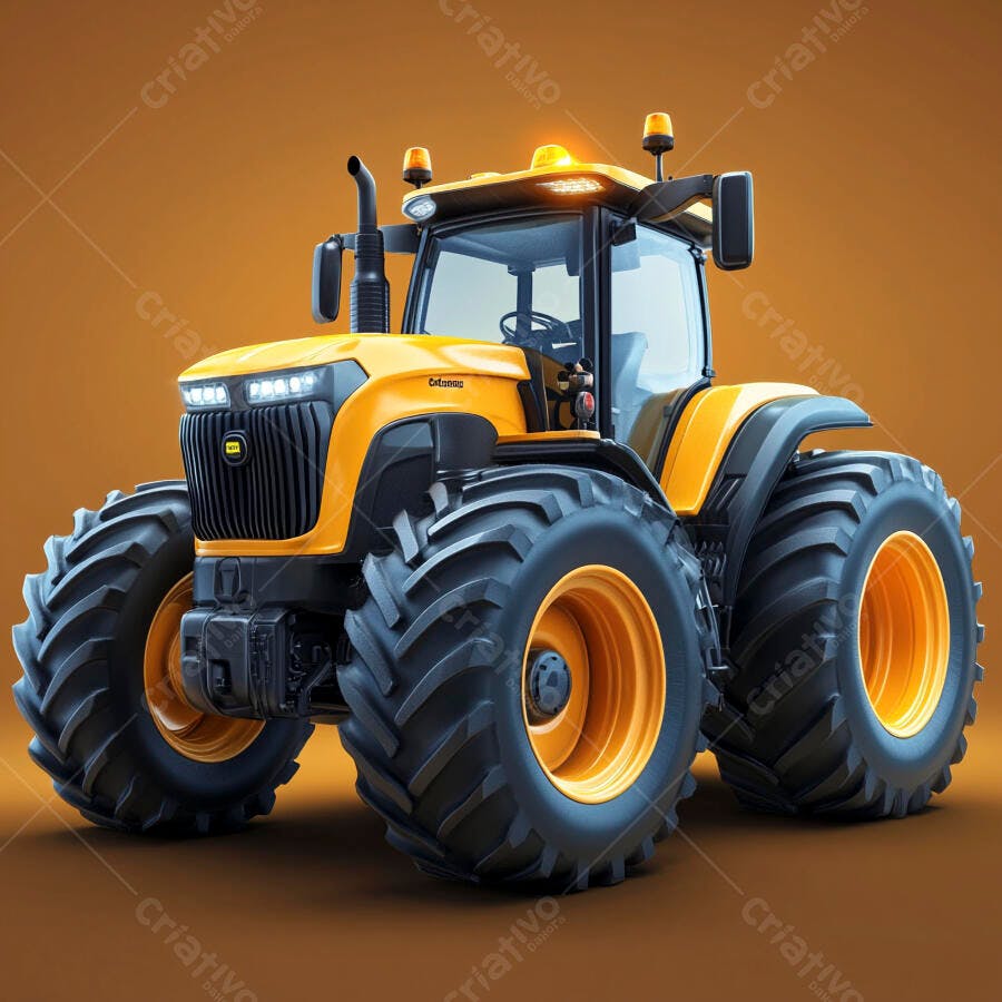 Trator agrícola moderno amarelo e preto em estúdio