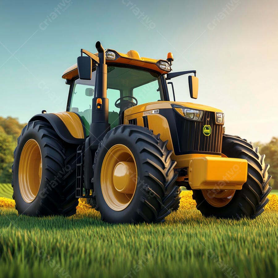 Trator agrícola amarelo e preto em campo verde sob céu azul