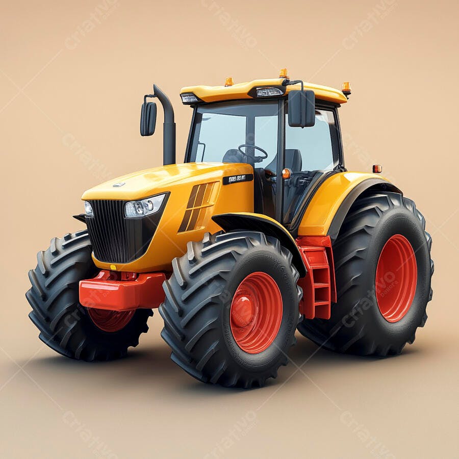 Trator agrícola amarelo e preto forte em estúdio moderno