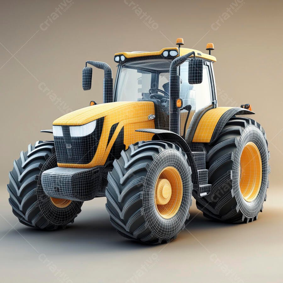 Trator agrícola amarelo 3D com wireframe em fundo liso e neutro