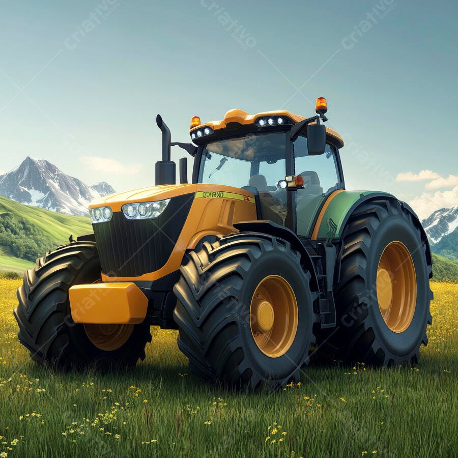 Trator agrícola amarelo e verde em campo florido com montanhas nevadas ao fundo