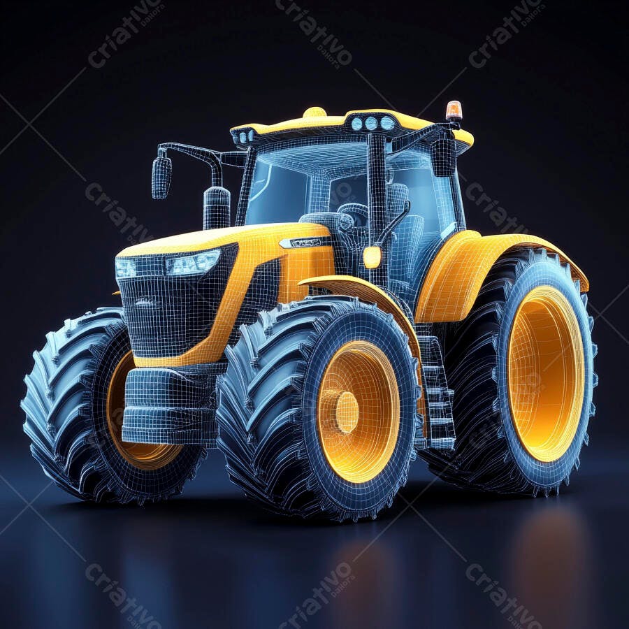 Trator agrícola amarelo com modelagem 3D wireframe em fundo escuro