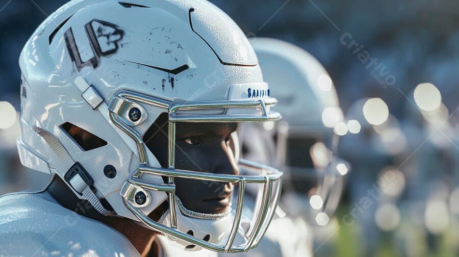 Jogador de futebol americano negro com capacete branco em campo de estádio