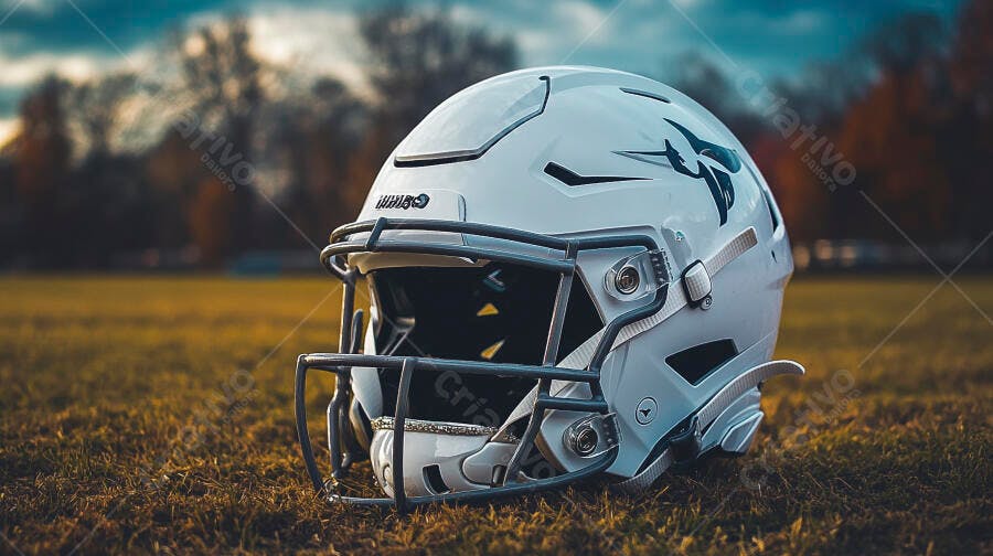 Capacete de futebol americano branco no gramado com fundo borrado de outono