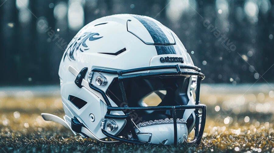 Capacete de futebol americano branco moderno em campo gramado