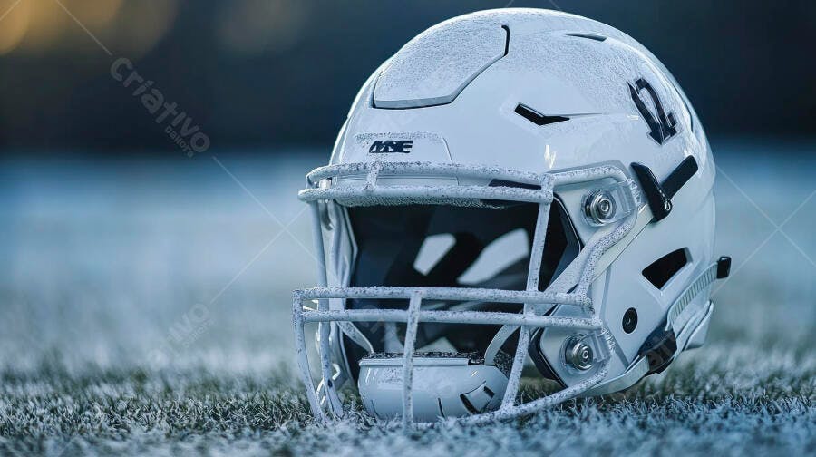 Capacete de futebol americano branco com gelo no campo congelado