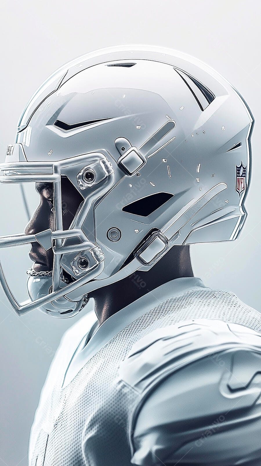 Jogador de futebol americano com capacete branco e uniforme em estúdio