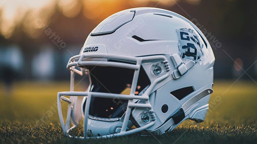 Capacete de futebol americano branco na grama ao pôr do sol