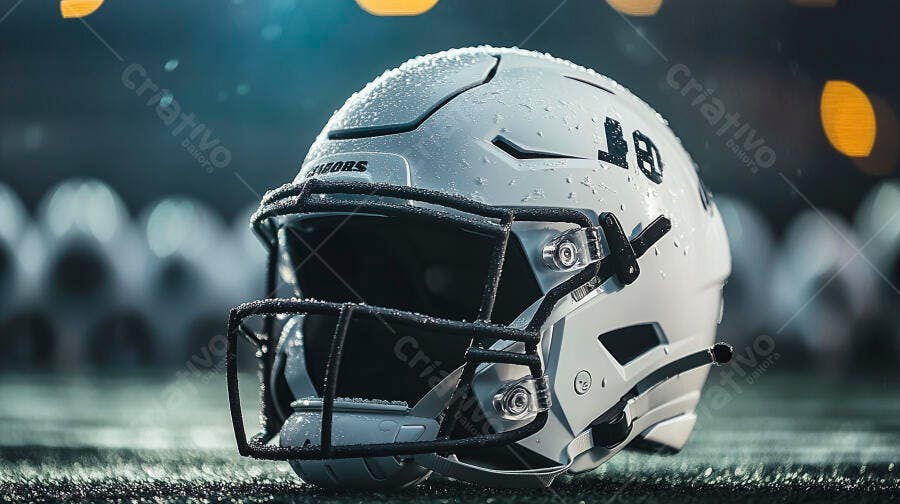 Capacete de futebol americano branco molhado em campo noturno com grama