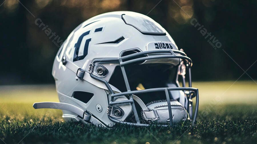 Capacete branco de futebol americano com bola no campo verde