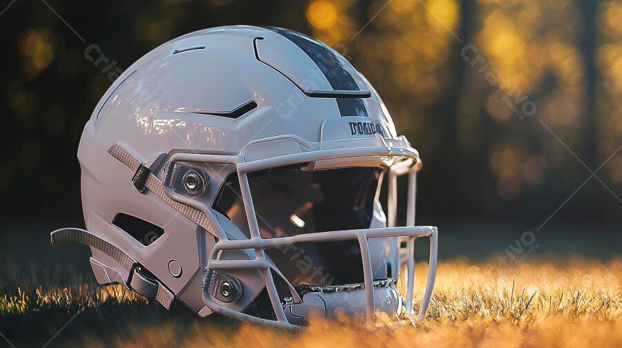 Capacete de futebol americano branco na grama dourada ao pôr do sol