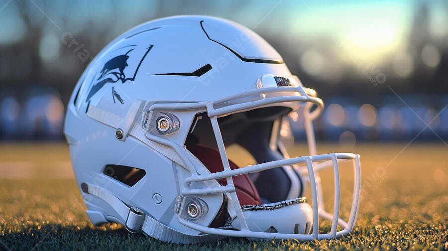Capacete de futebol americano branco em gramado ao pôr do sol