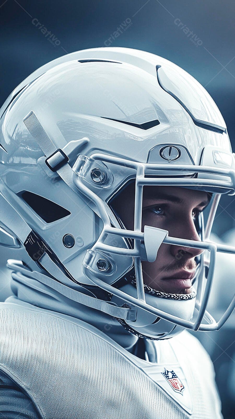 Jogador de futebol americano caucasiano com capacete branco e azul close-up