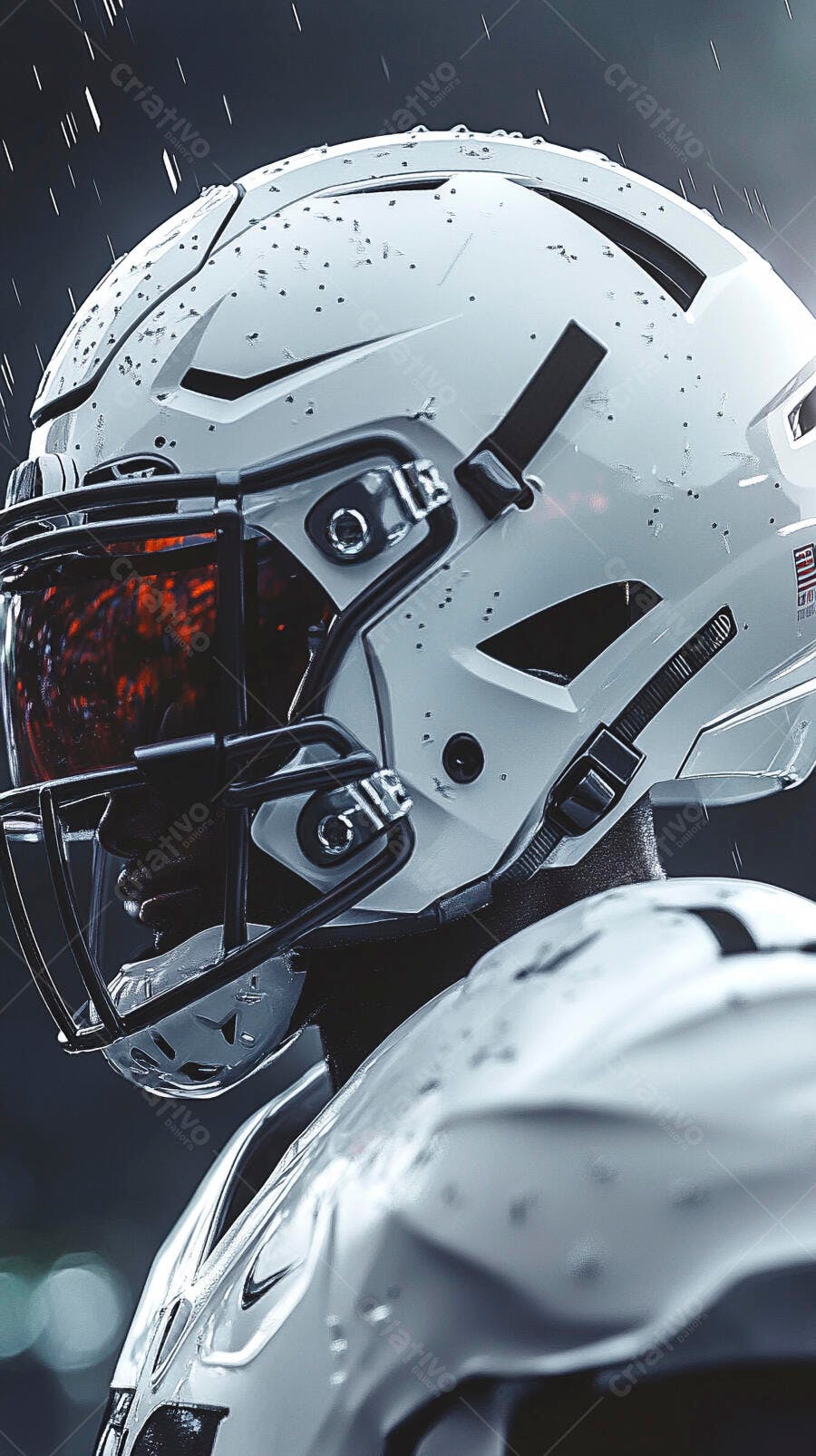 Jogador de futebol americano com capacete branco sob chuva intensa